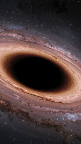 Vertical black hole video with glowing accretion disk and dramatic gravitational lensing