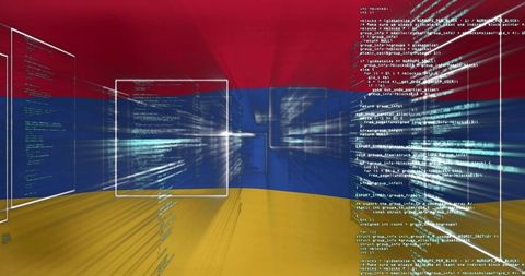 Floating Holographic Panels and Code Streams Forming Vanishing Grid on Tricolor Field