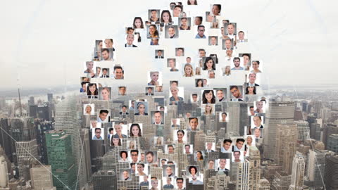 Global Network of Professionals Over Urban Skyline