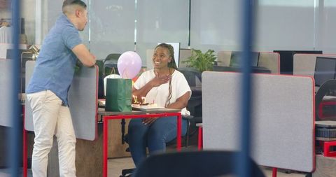 Office Birthday Celebration with Friendly Colleagues and Gifts