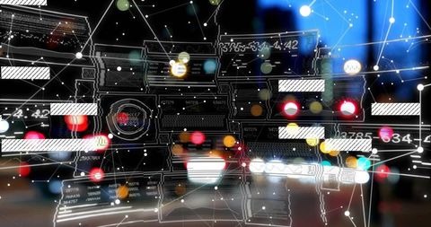 Projecting translucent network overlay across urban night bokeh with neon UI panels and nodes