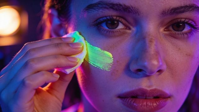 Neon green makeup application on freckled cheek closeup beauty portrait with cotton pad