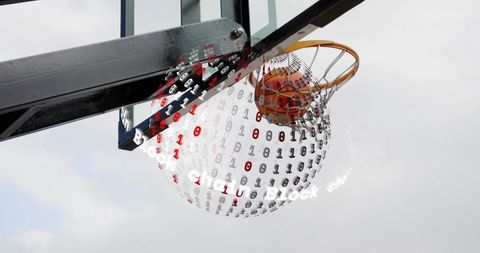 Basketball scoring through swirling binary code around hoop rim, digital sports concept