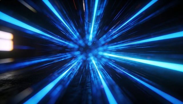 Radiating cyan-blue hyperspace tunnel with neon light streaks and reflective floor