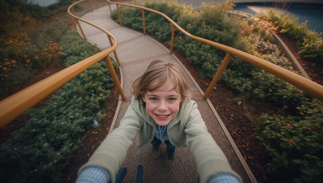 Smiling boy enjoying playtime adventure on garden ramp