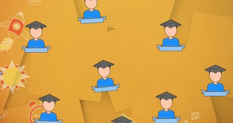 Education icons with school items on orange background