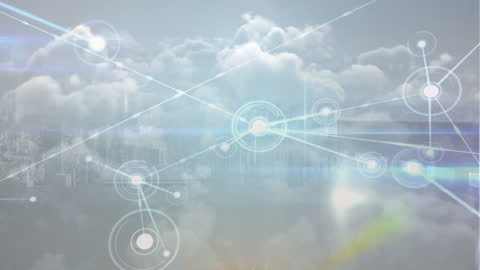 Digital Network Animation Over City and Cloudy Skyline