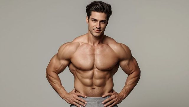 Muscular male model displaying strength in studio