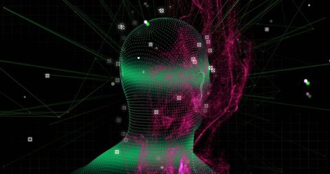 Neon data human hologram visualizing network connections with magenta energy plume