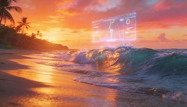 Tropical sunset beach with holographic navigation hovering over rolling ocean wave