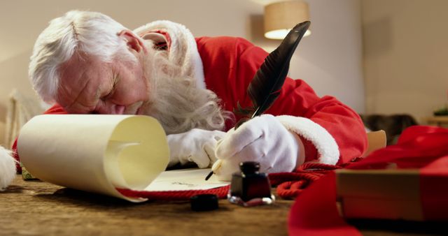 A senior Caucasian man dressed as Santa Claus is writing a list with a feather quill, with copy space. His focused expression and traditional costume suggest he's preparing for Christmas festivities.