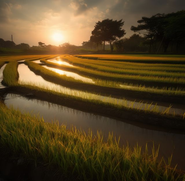 General view of rice fields at sunset, created using generative ai technology. Rice field, farming and landscape concept digitally generated image.