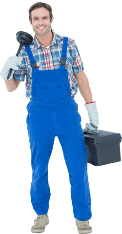 Transparent Image of Plumber Holding Plunger and Toolbox in Blue Overalls
