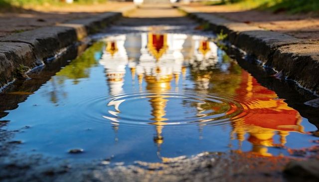 Golden temple spire reflection in shallow puddle on weathered pathway with ripples