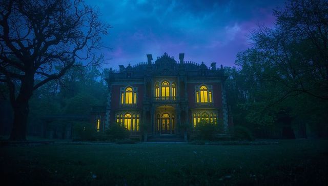 Mysterious Mansion Agleam at Twilight Illuminated Windows