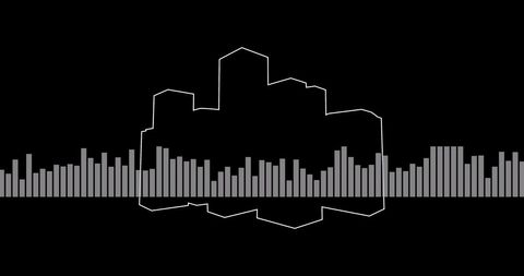 this graphic art combines a city skyline with a music equalizer set against a dark background. it represents the fusion of urban life with musical technology, ideal for tech-related advertisements, backdrops for music-themed events, or use in design projects dealing with sound and cityscapes.