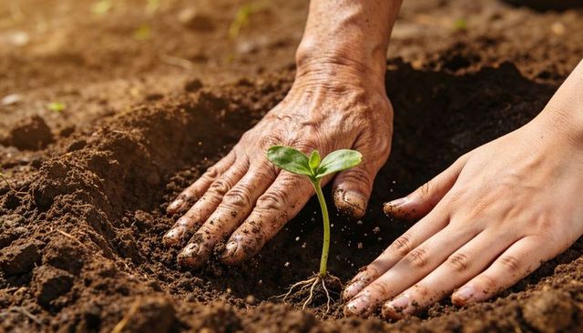 Intergenerational hands planting seedling in sunlit soil symbolizing growth and care