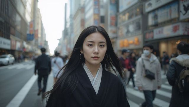 East asian woman walking busy city crosswalk wearing hoop earrings, candid urban portrait
