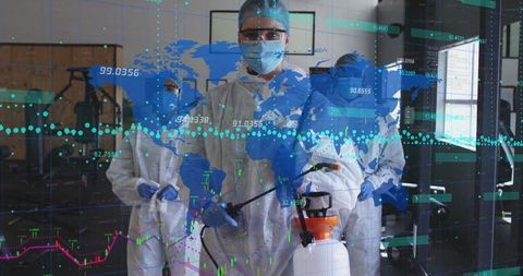 Lab Technician Spraying Disinfectant with Technological Data Overlay