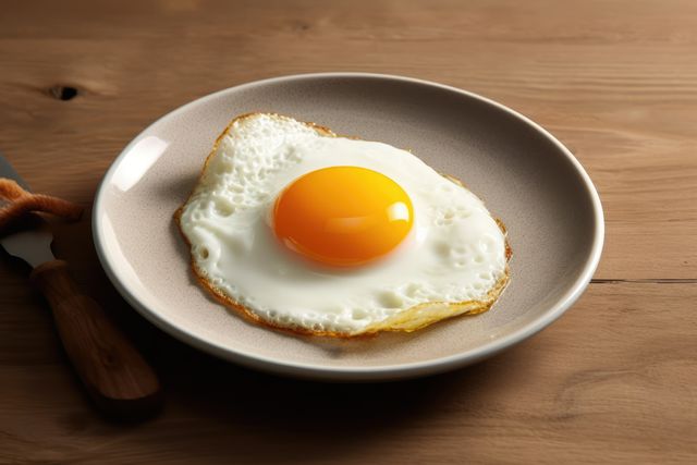 A perfectly fried egg sits on a plate, ready to eat. Its golden yolk and crispy edges make it an appetizing breakfast choice.