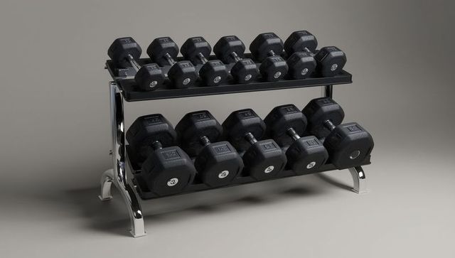 Black Hexagonal Dumbbells on Chrome Rack in Modern Showroom