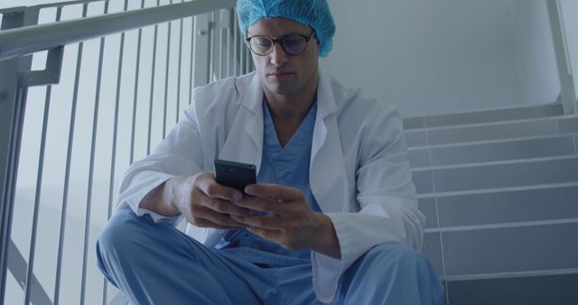 Serious caucasian male doctor in surgical cap using smartphone sitting on staircase at hospital. Communication, medical services, healthcare and hospital, unaltered.
