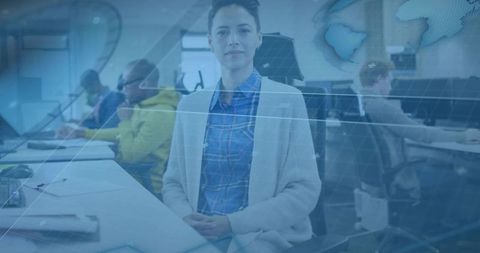 Mature woman leading collaborative open-plan workspace with digital data overlay and team