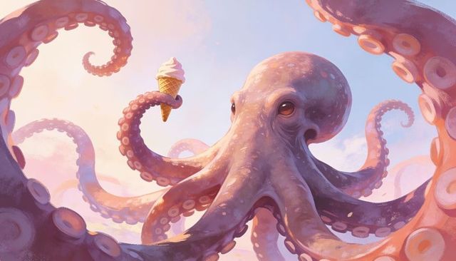 Giant pastel octopus holding ice cream cone in dreamy sunset sky, whimsical surreal art