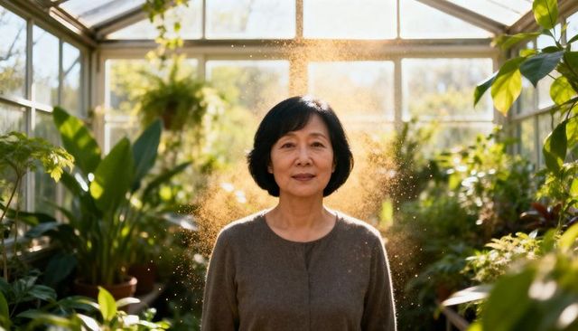 Senior asian woman standing in backlit greenhouse surrounded by lush plants and mist
