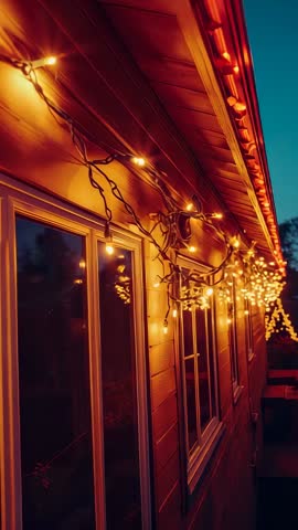 Vertical panning warm string lights reflecting on windows at dusk, cozy outdoor glow