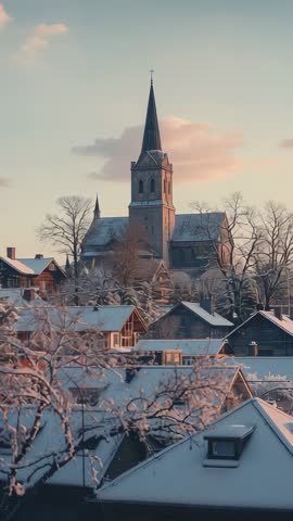 Sunrise bathing stone church tower and snow-covered rooftops on quiet winter hill