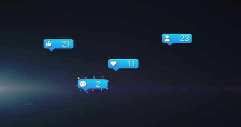 Social media notification bubbles floating over dark gradient neon confetti ui icons