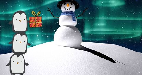 Penguins Sharing Holiday Gift with Snowman under Northern Lights