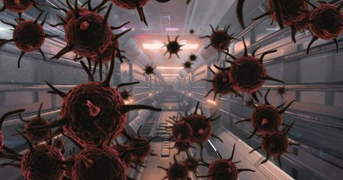 Coronavirus Cells in Futuristic Classroom Environment Concept