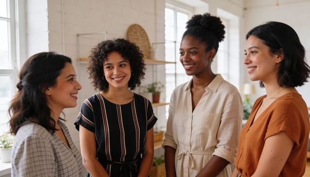 Diverse women colleagues chatting and smiling in bright modern studio office