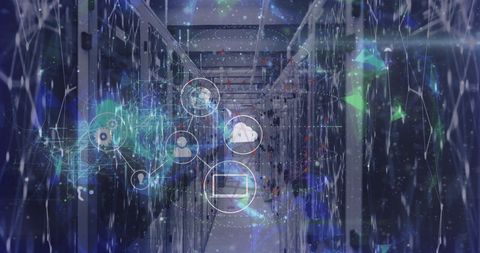 Digital Interface Overlay on Modern Data Center with Media Icons - Download Free Stock Images Pikwizard.com