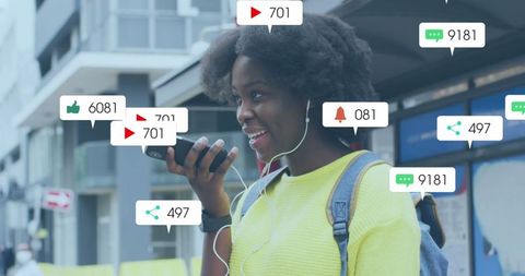 Social Networking Young Woman with Smartphone and Engagement Icons