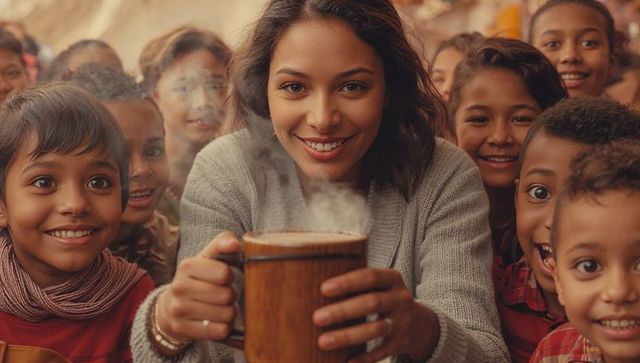 Caretaker enjoying warm beverage surrounded by cheerful kids
