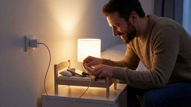 Smiling man charging smartphone on miniature bed while covering mini bed with cloth