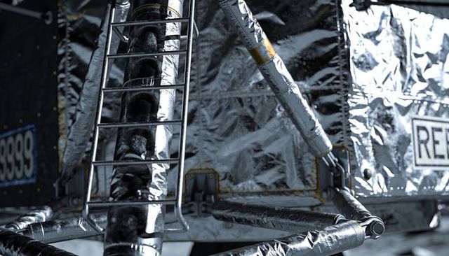 Reflective spacecraft subassembly undergoing inspection in cleanroom ladder rung detail