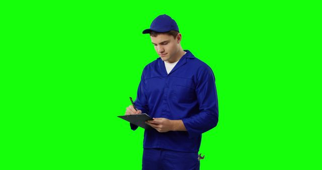 Young male mechanic in a blue uniform and cap writing on a clipboard with a green screen background. Ideal for automotive repair advertisements, technical training materials, service industry promotions, or instructional videos.