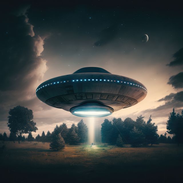 Concept of UFO hovering over forested area at night, emitting beam of light, creating a mystical and otherworldly atmosphere. Useful for sci-fi themed projects, illustrations for stories about extraterrestrials or space exploration. Perfect for adding a sense of mystery and intrigue.