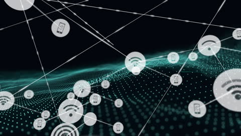 Digital Network and Connectivity Icons Over Abstract Wave