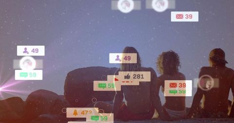 Friends watching starry seascape with notification overlays and twilight silhouettes