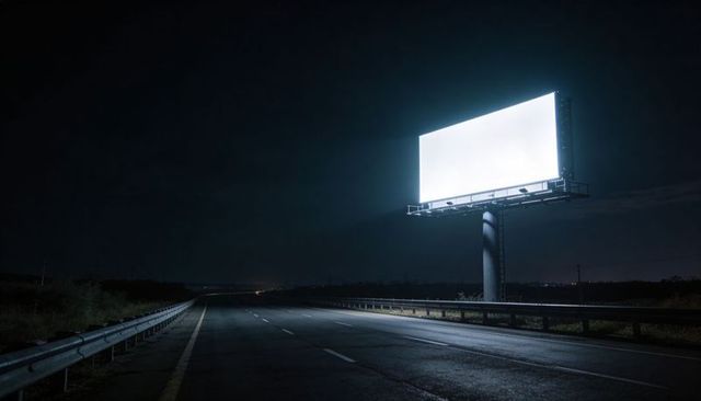 Deserted highway at night featuring illuminated billboard casting bright white glow