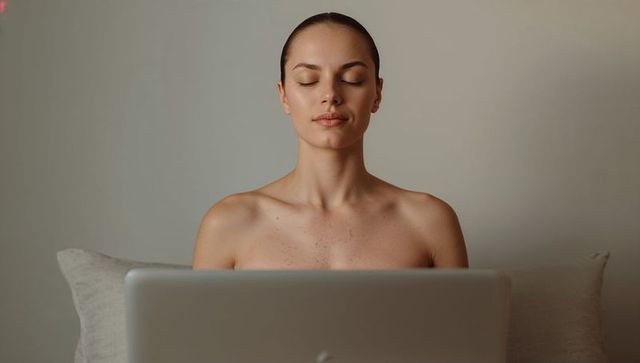 Young woman meditating behind laptop bare shoulders minimalist home workspace calm