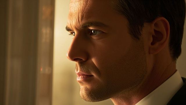 Gazing corporate executive closeup with subtle stubble wearing suit collar in warm light