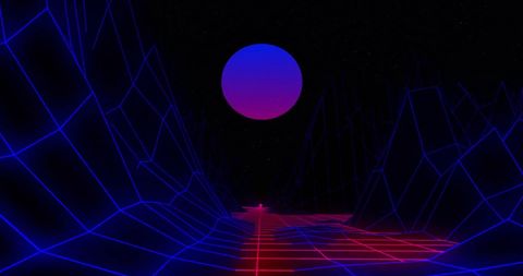 Neon Moon Over Futuristic Digital Grid Landscape