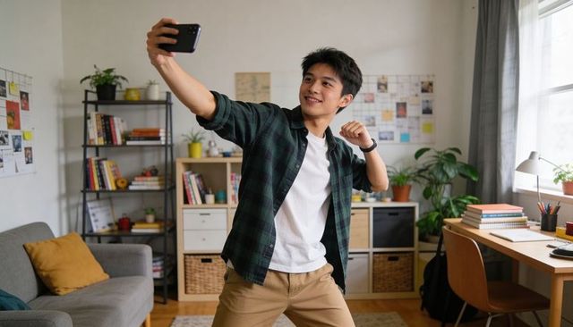 Young asian man taking selfie and dancing in cozy home workspace with plants and bookshelf