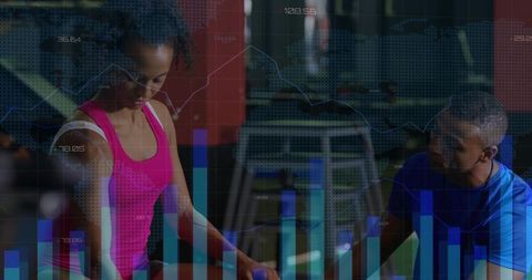 Personal trainer guiding woman with workout analytics overlay
